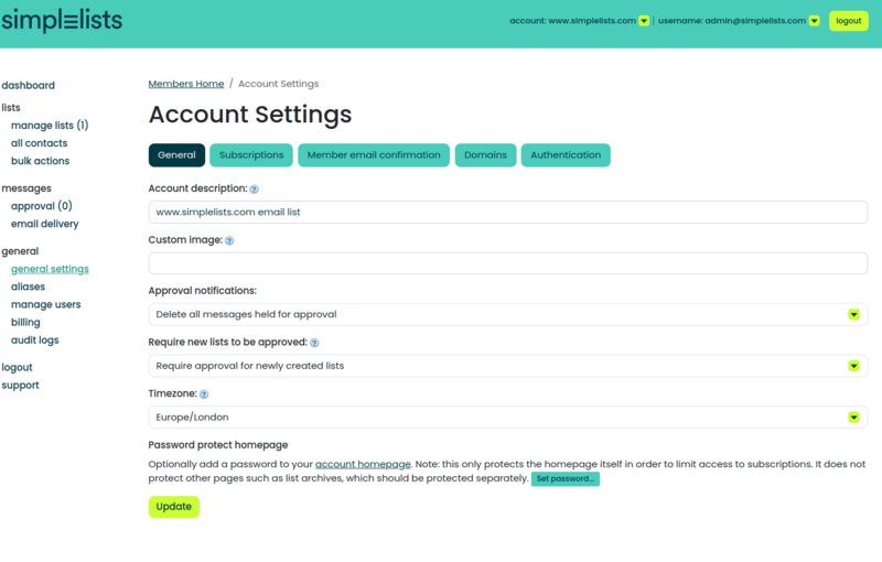 Simplelists Account Settings
