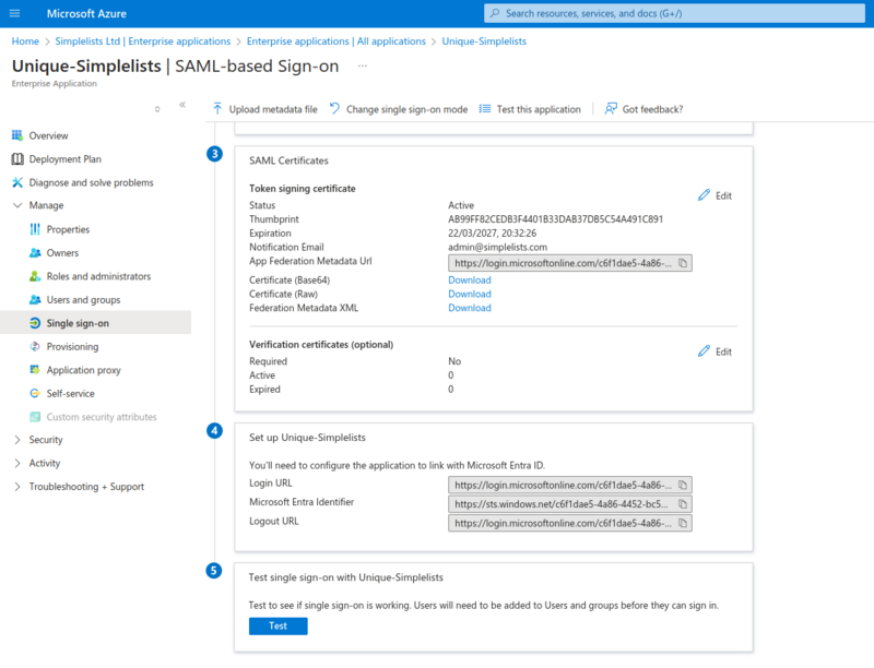 Shows the Enterprise Application and Certficate Verification settings